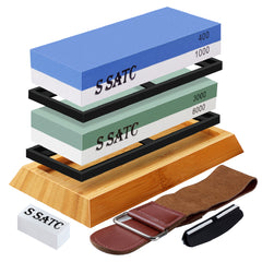 Whetstone Knife Sharpener, Grit 400/1000/3000/8000 Knife Sharpening Stone Kit, Wet Stone with Non-slip Bamboo Base, Flattening Stone, Angle Guide, Leather Strop and Cut Resistant Gloves