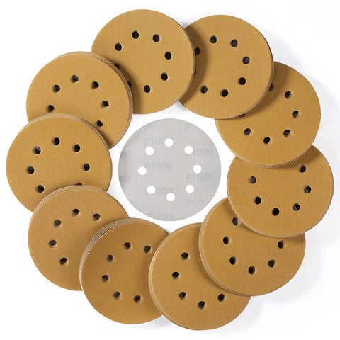 100PCS 5 Inch Sanding Discs 60/80/120/150/220 Grits Hook and Loop 8 Holes Sandpaper
