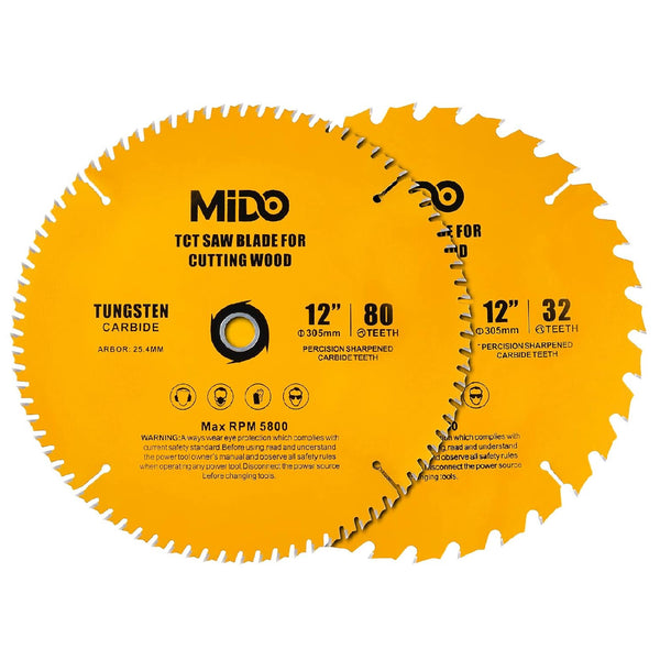 MIDO 12 Inch Miter Saw Blades 2PCS Circular Saw Blade 80-Tooth Crosscutting & 32-Tooth, 1-Inch Arbor Table Saw Blade