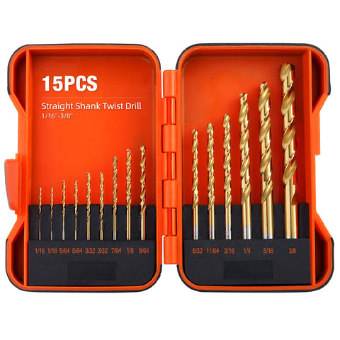 Twist Drill Bits Set, 15 Piece Titanium Drill Bit Set with Storage Case, High Speed Steel Jobber Drill Bit for Metal Wood Plastics (1/16"-3/8" ）