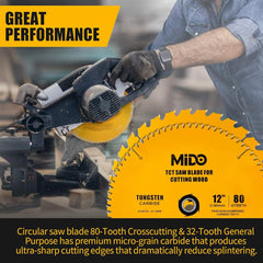 MIDO 12 Inch Miter Saw Blades 2PCS Circular Saw Blade 80-Tooth Crosscutting & 32-Tooth, 1-Inch Arbor Table Saw Blade