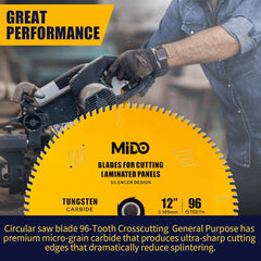 MIDO 12 Inch Miter Saw Blade 96 Teeth Circular Saw Blade 1" Arbor Table Saw Blade