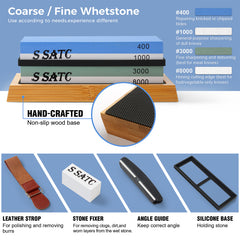 Whetstone Knife Sharpener, Grit 400/1000/3000/8000 Knife Sharpening Stone Kit, Wet Stone with Non-slip Bamboo Base, Flattening Stone, Angle Guide, Leather Strop and Cut Resistant Gloves