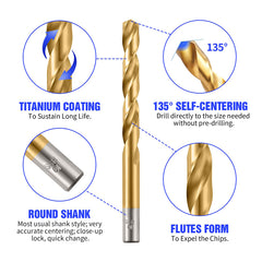 Titanium Drill Bit Set Metal Drill Bits for Hardened Steel Wood Impact Driver 19 PCS Drill Bits Sets with Case HSS Drill bit Set 135 Degree