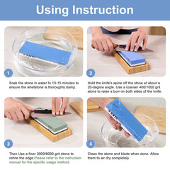 Whetstone Knife Sharpener, Grit 400/1000/3000/8000 Knife Sharpening Stone Kit, Wet Stone with Non-slip Bamboo Base, Flattening Stone, Angle Guide, Leather Strop and Cut Resistant Gloves