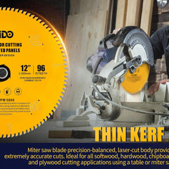 MIDO 12 Inch Miter Saw Blade 96 Teeth Circular Saw Blade 1" Arbor Table Saw Blade