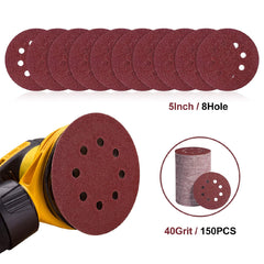 150 PCS Sanding Discs 5-Inch 8-Hole Aluminum Oxide Sandpaper for Woodworking Hook and Loop Adhesive for Random Orbital Sander