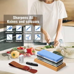 Whetstone Knife Sharpener, Grit 400/1000/3000/8000 Knife Sharpening Stone Kit, Wet Stone with Non-slip Bamboo Base, Flattening Stone, Angle Guide, Leather Strop and Cut Resistant Gloves