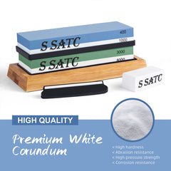 Whetstone Knife Sharpener, Grit 400/1000/3000/8000 Knife Sharpening Stone Kit, Wet Stone with Non-slip Bamboo Base, Flattening Stone, Angle Guide, Leather Strop and Cut Resistant Gloves