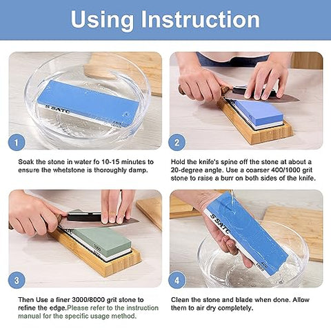 Whetstone Knife Sharpener, Grit 400/1000/3000/8000 Knife Sharpening Stone Kit, Wet Stone with Non-slip Bamboo Base, Flattening Stone, Angle Guide, Leather Strop and Cut Resistant Gloves