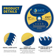 Soft Metal Cutting Saw Blade 12-in Miter Saw Blade 100 Tooth Fine Finishing Saw Blade with 1-in Arbor Circular Saw Blade for Cutting Metals Woods Plastics Steel Ferrous Metals Composites