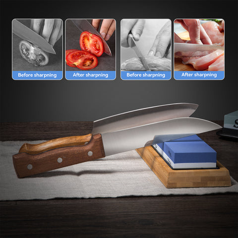 Whetstone Knife Sharpener, Grit 400/1000/3000/8000 Knife Sharpening Stone Kit, Wet Stone with Non-slip Bamboo Base, Flattening Stone, Angle Guide, Leather Strop and Cut Resistant Gloves