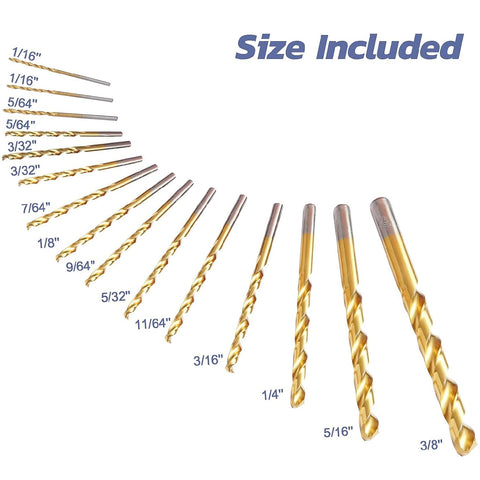 Twist Drill Bits Set, 15 Piece Titanium Drill Bit Set with Storage Case, High Speed Steel Jobber Drill Bit for Metal Wood Plastics (1/16"-3/8" ）