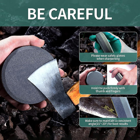 Axe Sharpener Dual Grit Axe Sharpening Stone Hatchet Sharpener Whetstone Multi-Purpose Sharpening Puck with Bamboo Box(280 Grit & 120 Grit)
